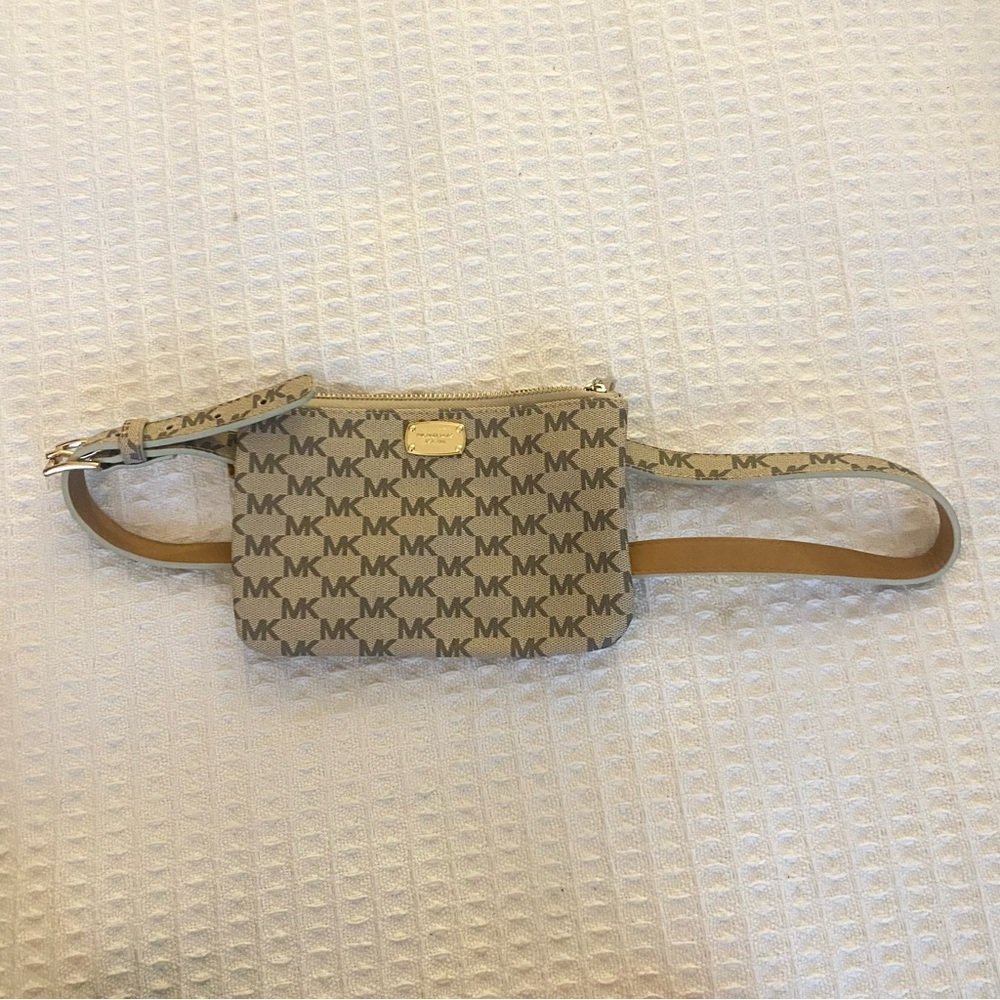 Michael Kors Gold and Beige Logo print canvas belt bag